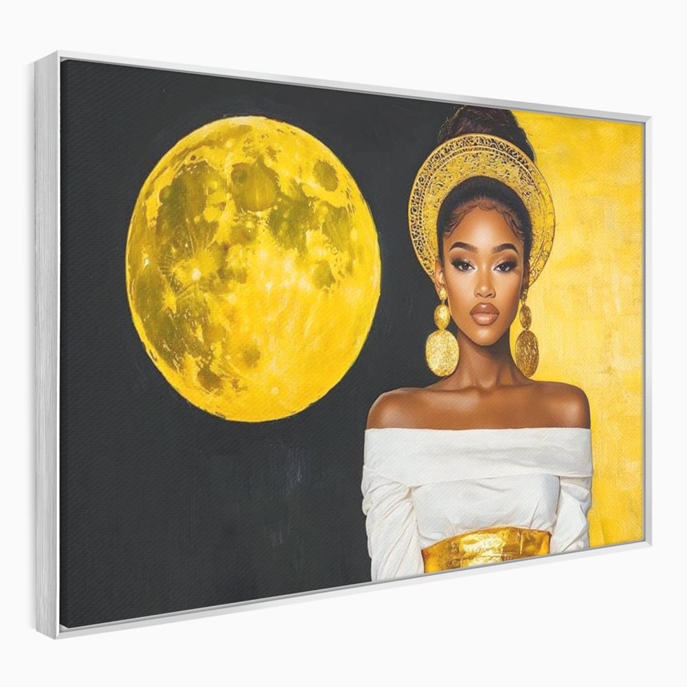 Tablou canvas cu tablou canvas cu femeie si luna aurie, in rama de aluminiu argintiu